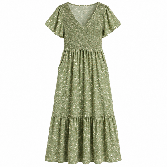 Floral Maxi Dress with Smocked Waist, Rayon Fabric, Flutter Sleeves