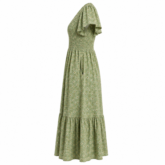 Floral Maxi Dress with Smocked Waist, Rayon Fabric, Flutter Sleeves