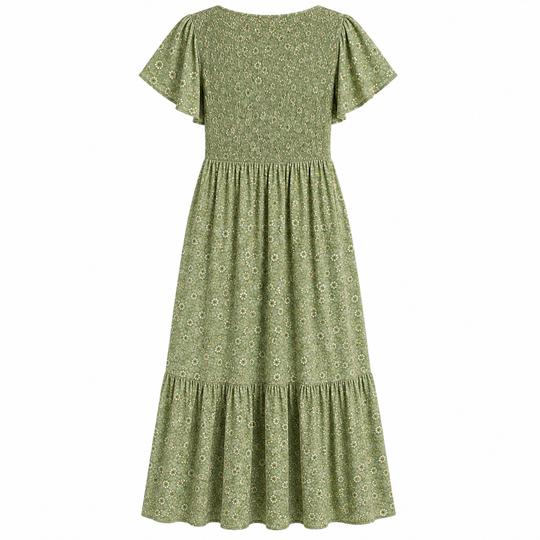 Floral Maxi Dress with Smocked Waist, Rayon Fabric, Flutter Sleeves