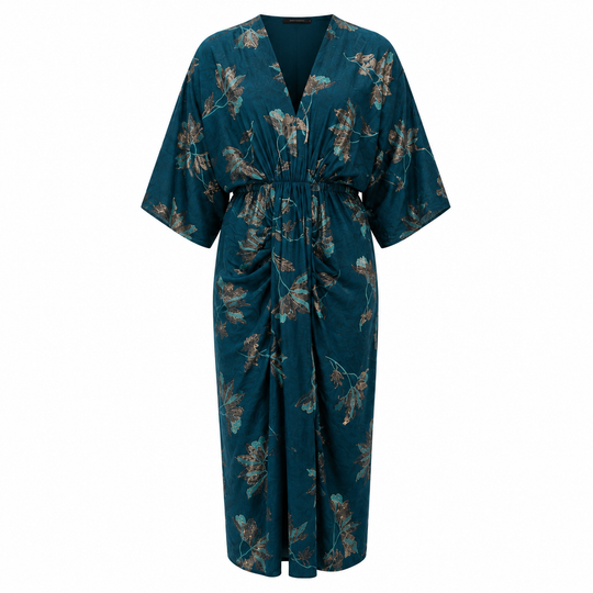 Floral Midi Dress with Ruched Waist, Stretch Knit, Front Slit