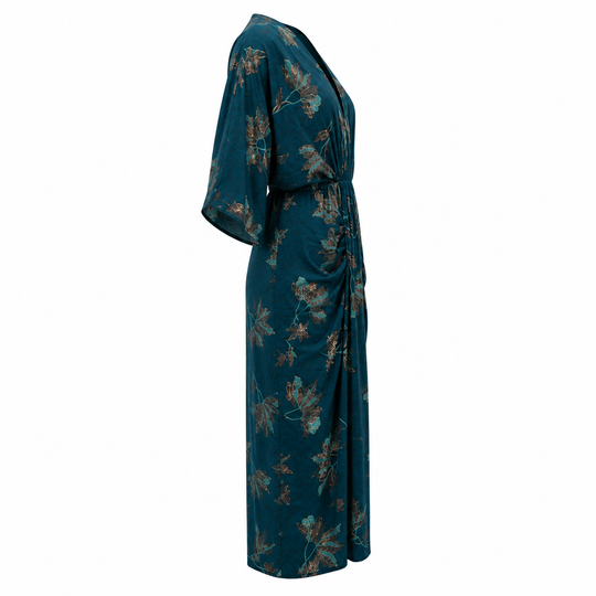 Floral Midi Dress with Ruched Waist, Stretch Knit, Front Slit