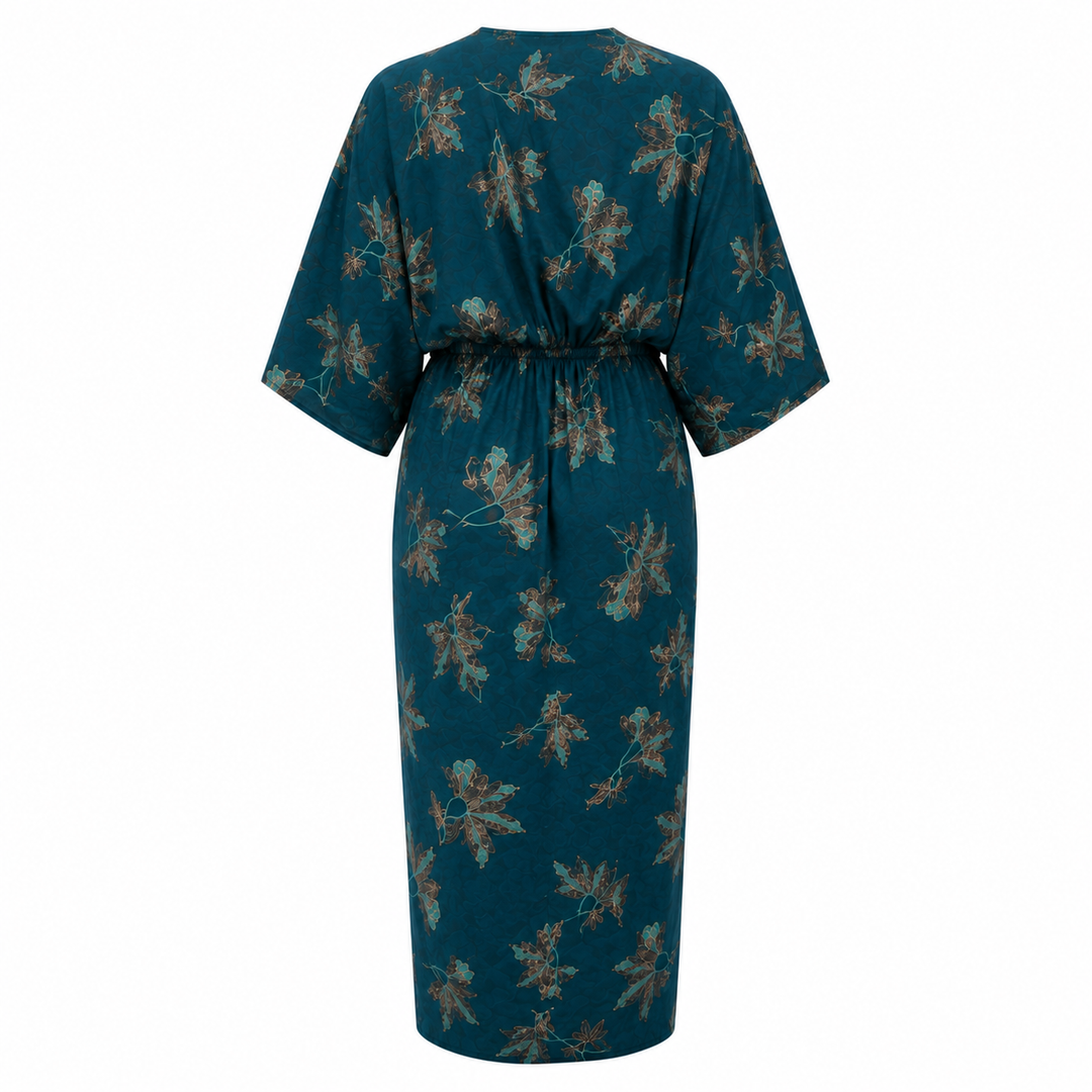 Floral Midi Dress with Ruched Waist, Stretch Knit, Front Slit
