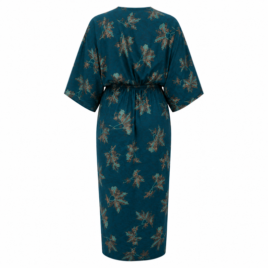 Floral Midi Dress with Ruched Waist, Stretch Knit, Front Slit