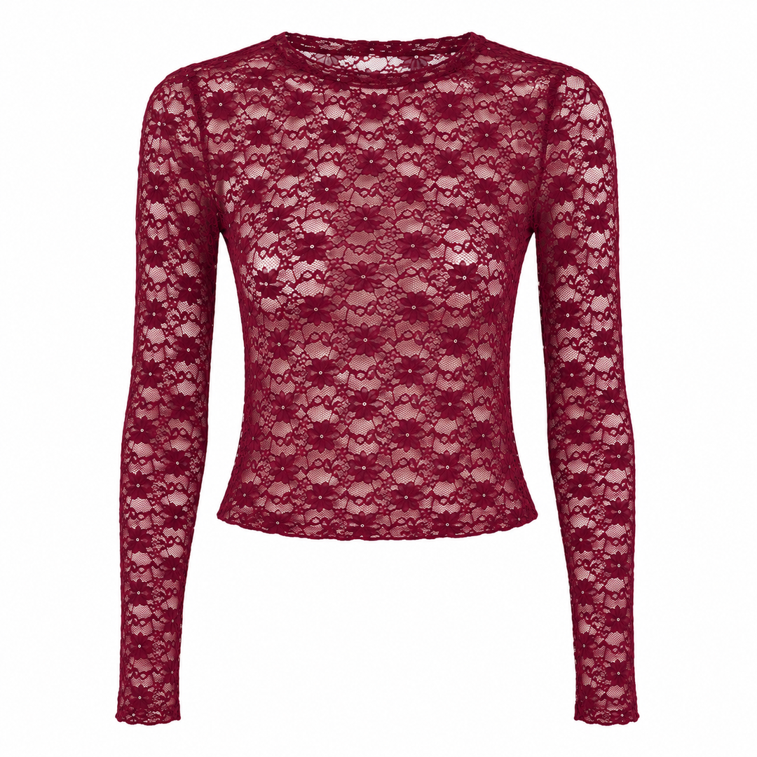 Stretch Lace Long Sleeve Bodycon Top Semi Sheer