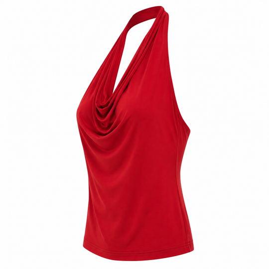 Halter Top with Cowl Neck, Chiffon Fabric, Adjustable Low Back