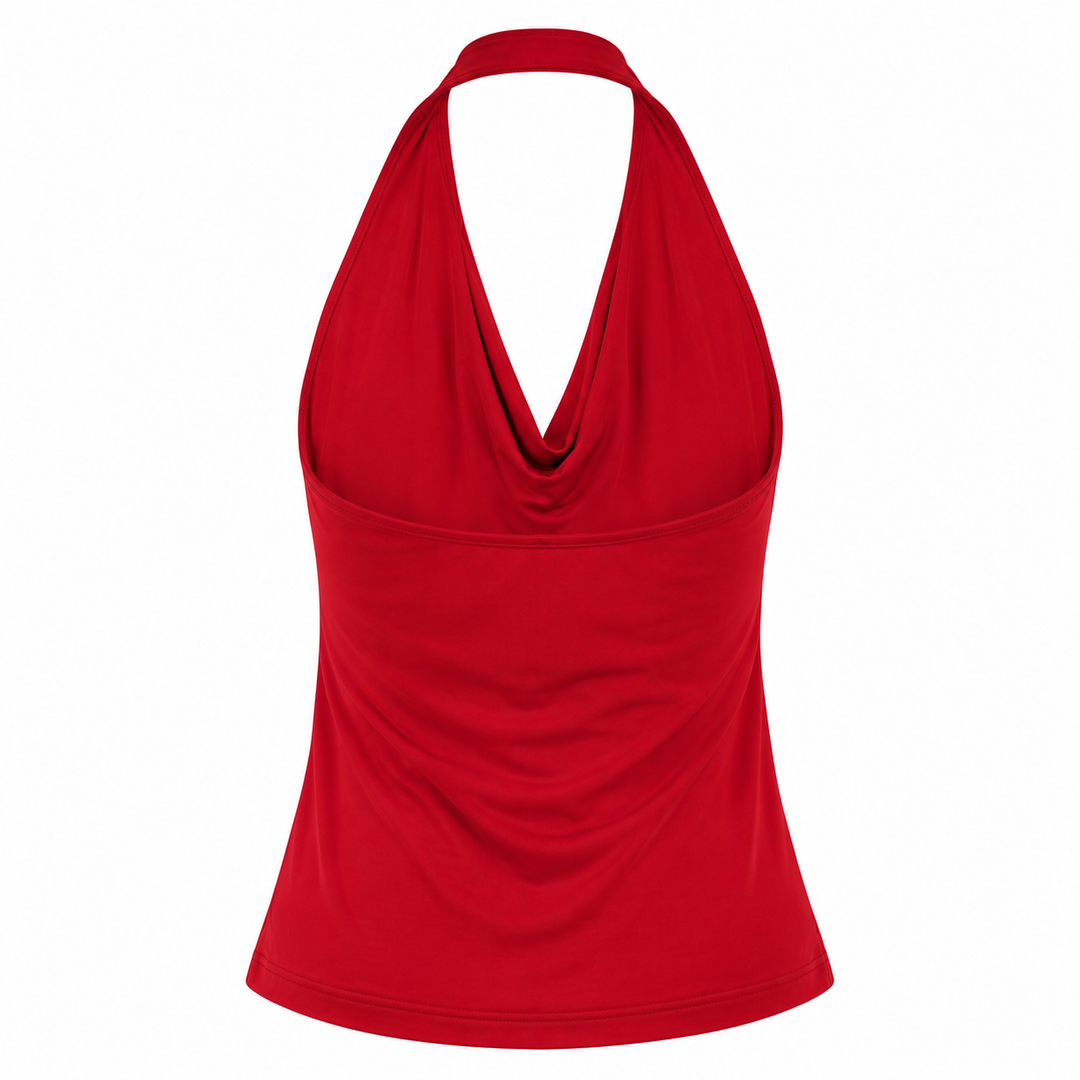 Halter Top with Cowl Neck, Chiffon Fabric, Adjustable Low Back