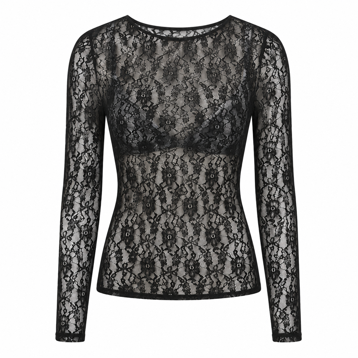 Stretch Lace Long Sleeve Bodycon Top Semi Sheer