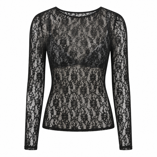 Stretch Lace Long Sleeve Bodycon Top Semi Sheer