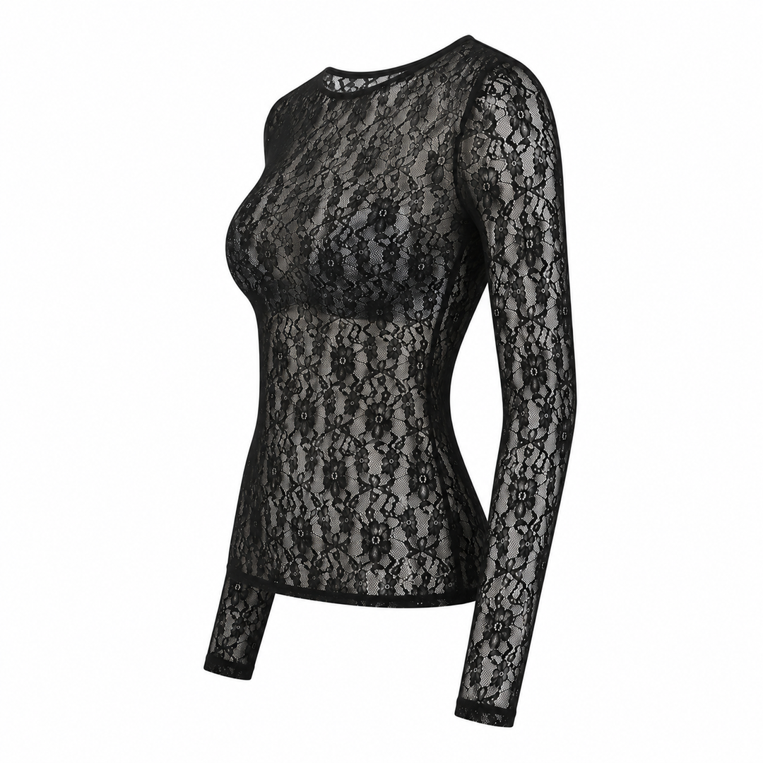 Stretch Lace Long Sleeve Bodycon Top Semi Sheer
