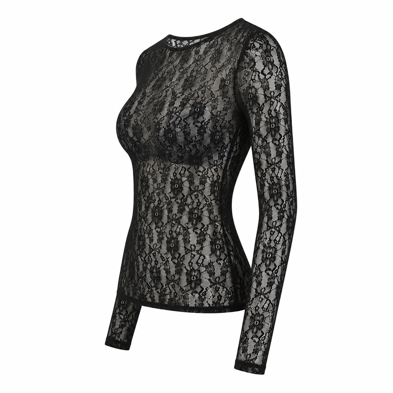 Stretch Lace Long Sleeve Bodycon Top Semi Sheer