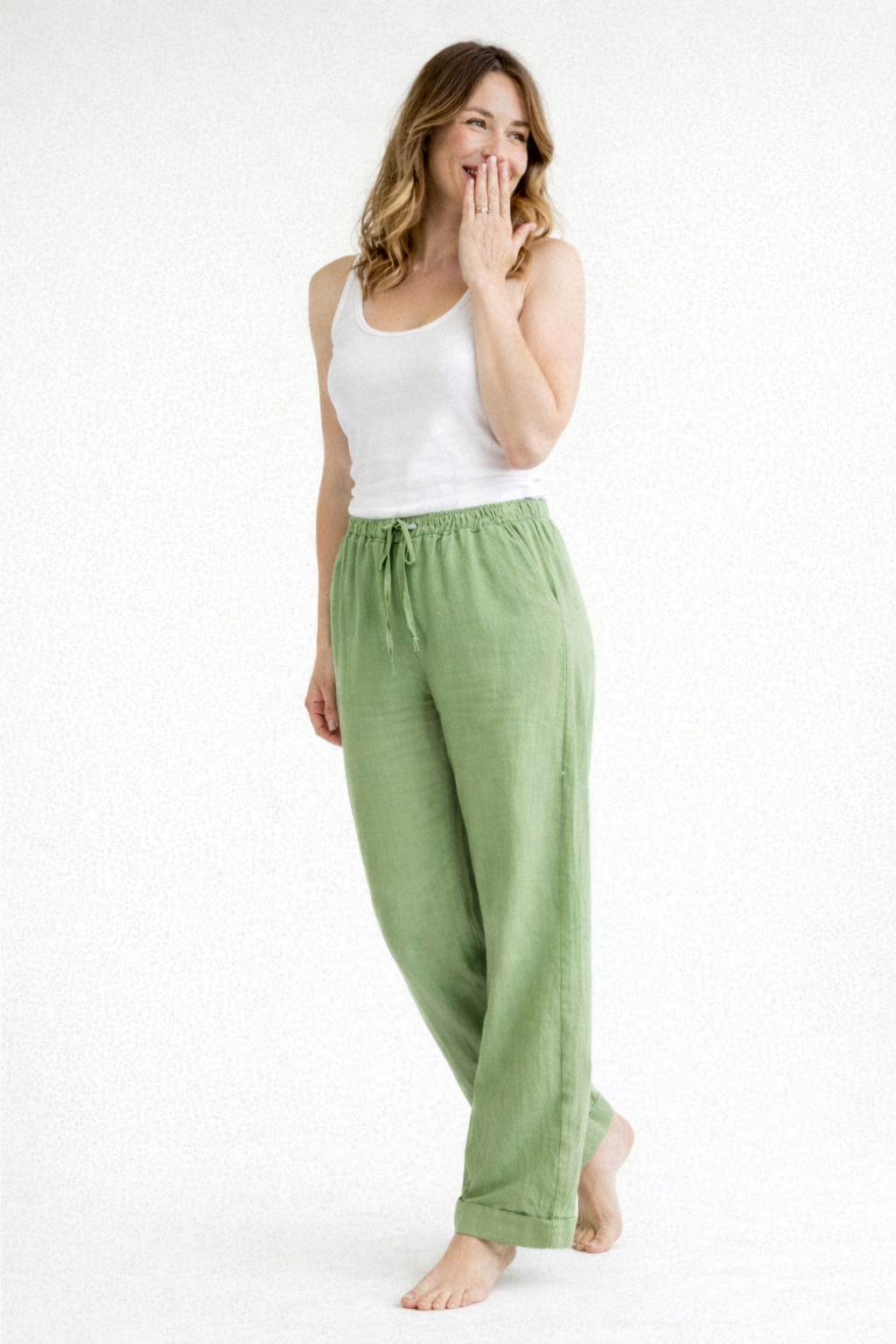 Women high waist loose fit trousers with drawstring waist and side pockets
