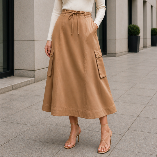 Women's Midi Skirt with Adjustable High Waist in Utility Style