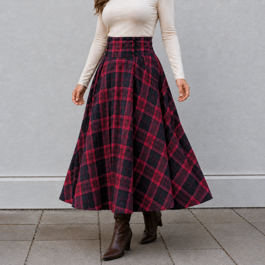 Maxi Skirt High Waist A-Line Plaid Design