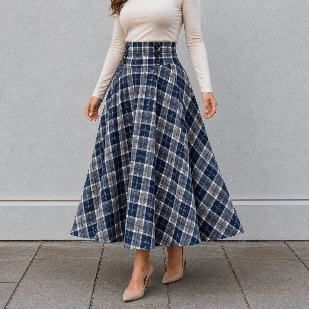 Maxi Skirt High Waist A-Line Plaid Design