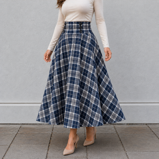 Maxi Skirt High Waist A-Line Plaid Design