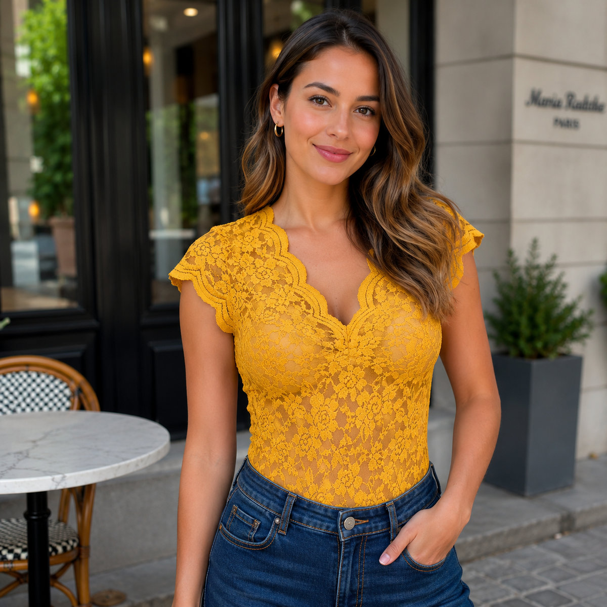 Lace Long Sleeve Bodysuit with Floral Details