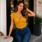Lace Long Sleeve Bodysuit with Floral Details