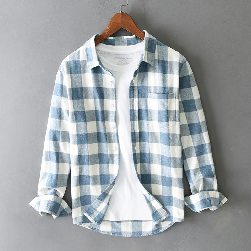 Men's plaid shirt brushed cotton check pattern button-down with chest pocket