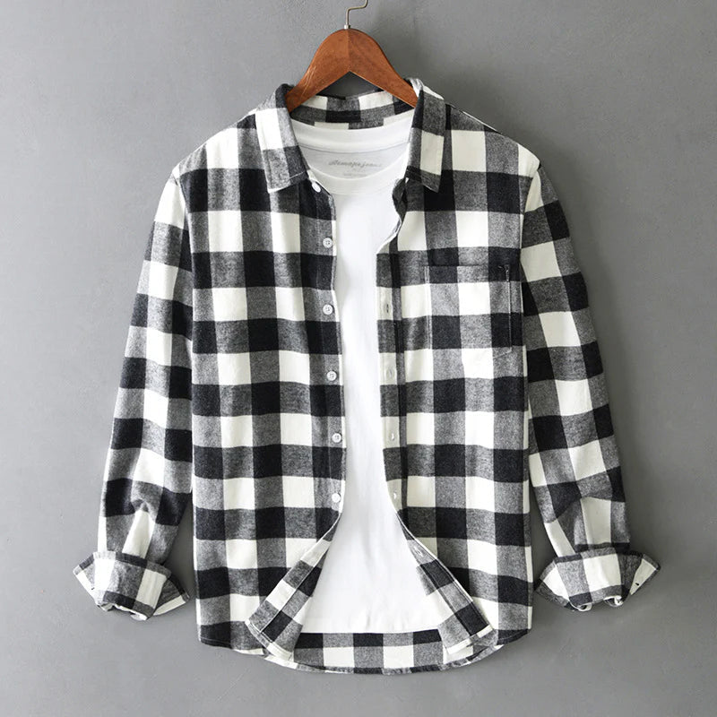 Men's plaid shirt brushed cotton check pattern button-down with chest pocket