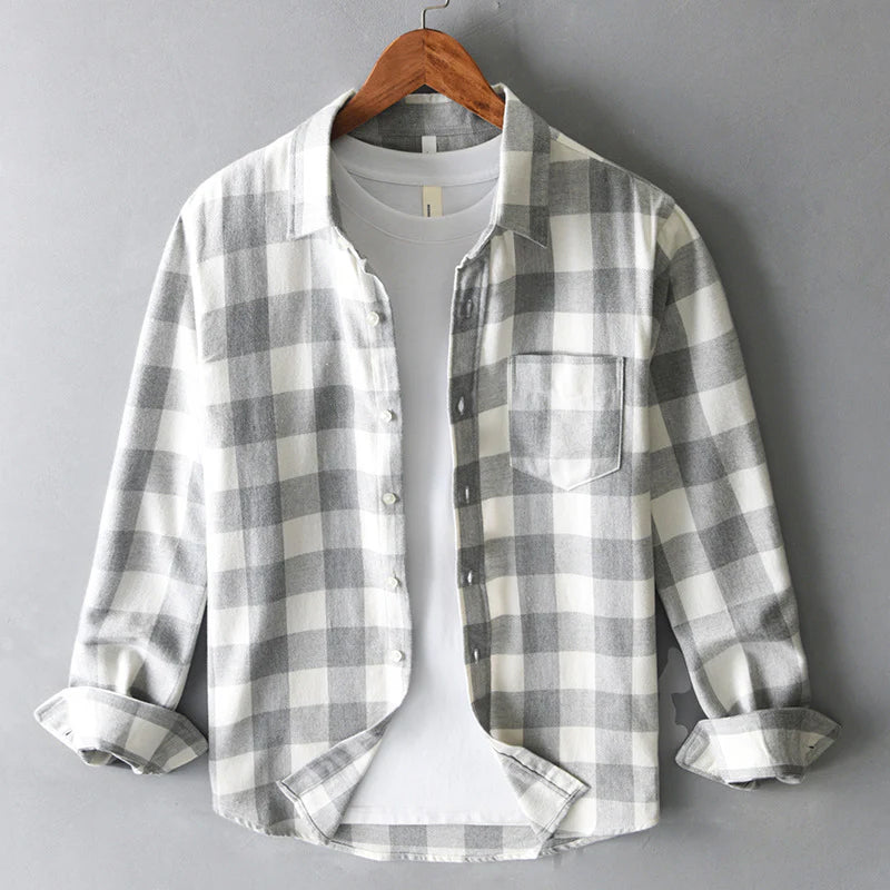 Men's plaid shirt brushed cotton check pattern button-down with chest pocket