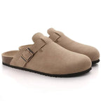 Men's suede slip-on clogs with adjustable buckle detail, casual loafers