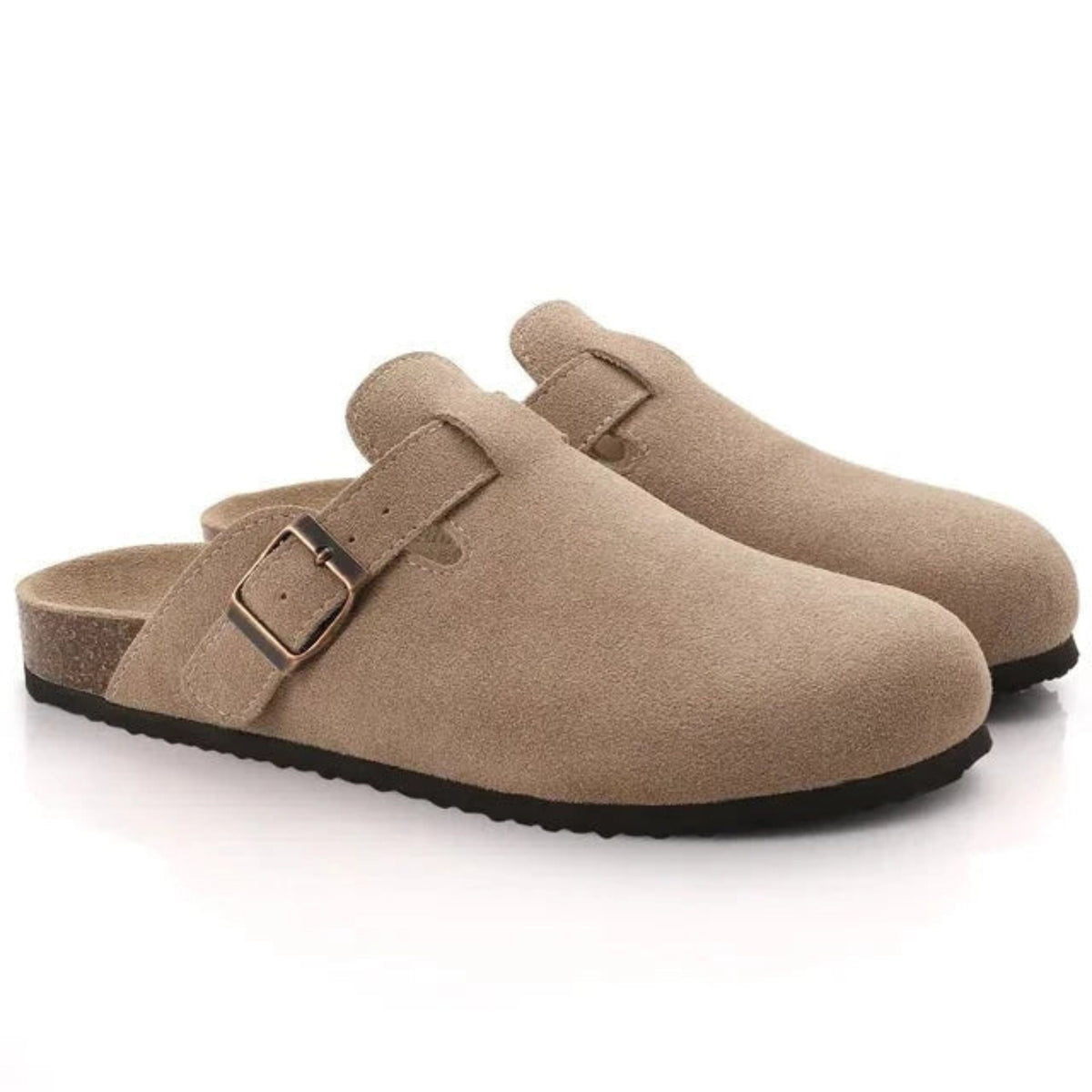 Men's suede slip-on clogs with adjustable buckle detail, casual loafers