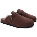 Men's suede slip-on clogs with adjustable buckle detail, casual loafers