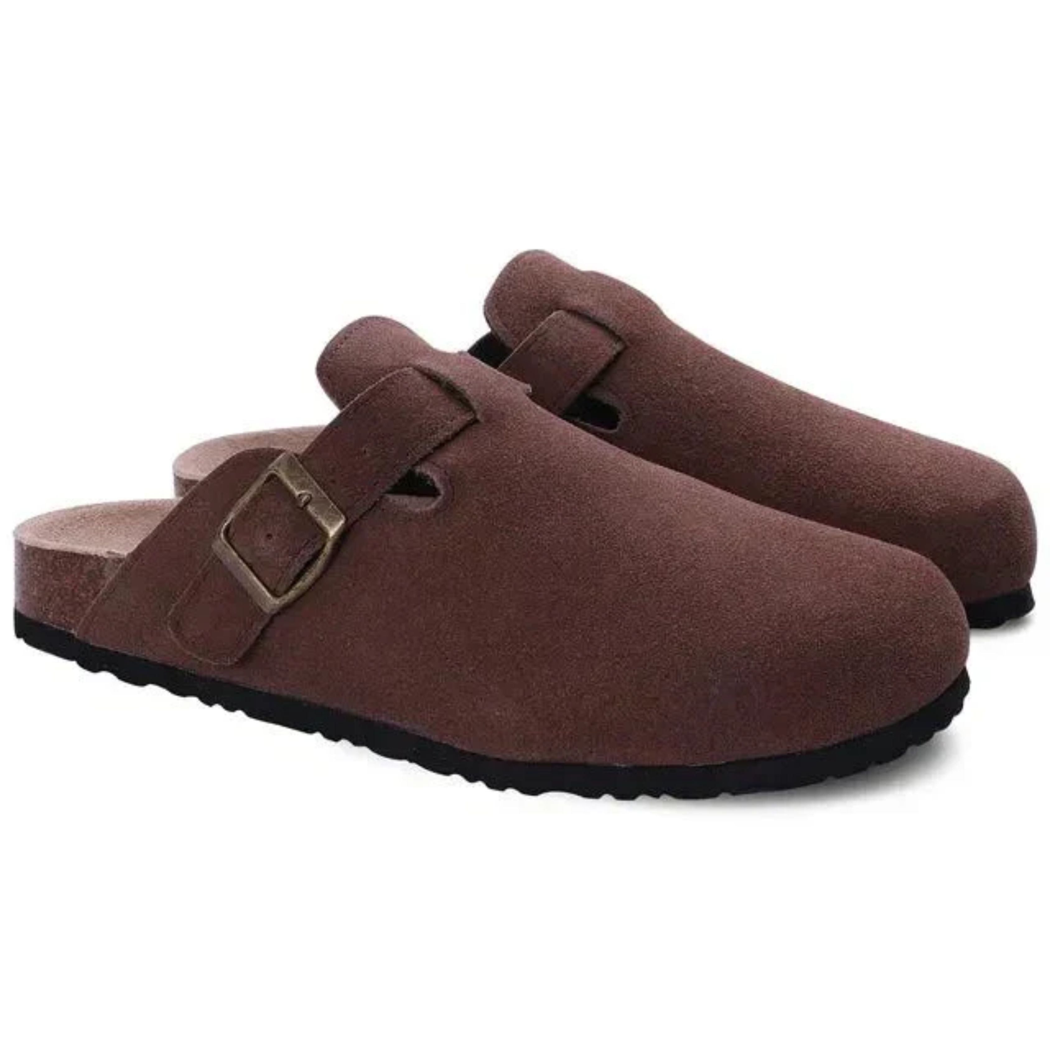 Men's suede slip-on clogs with adjustable buckle detail, casual loafers