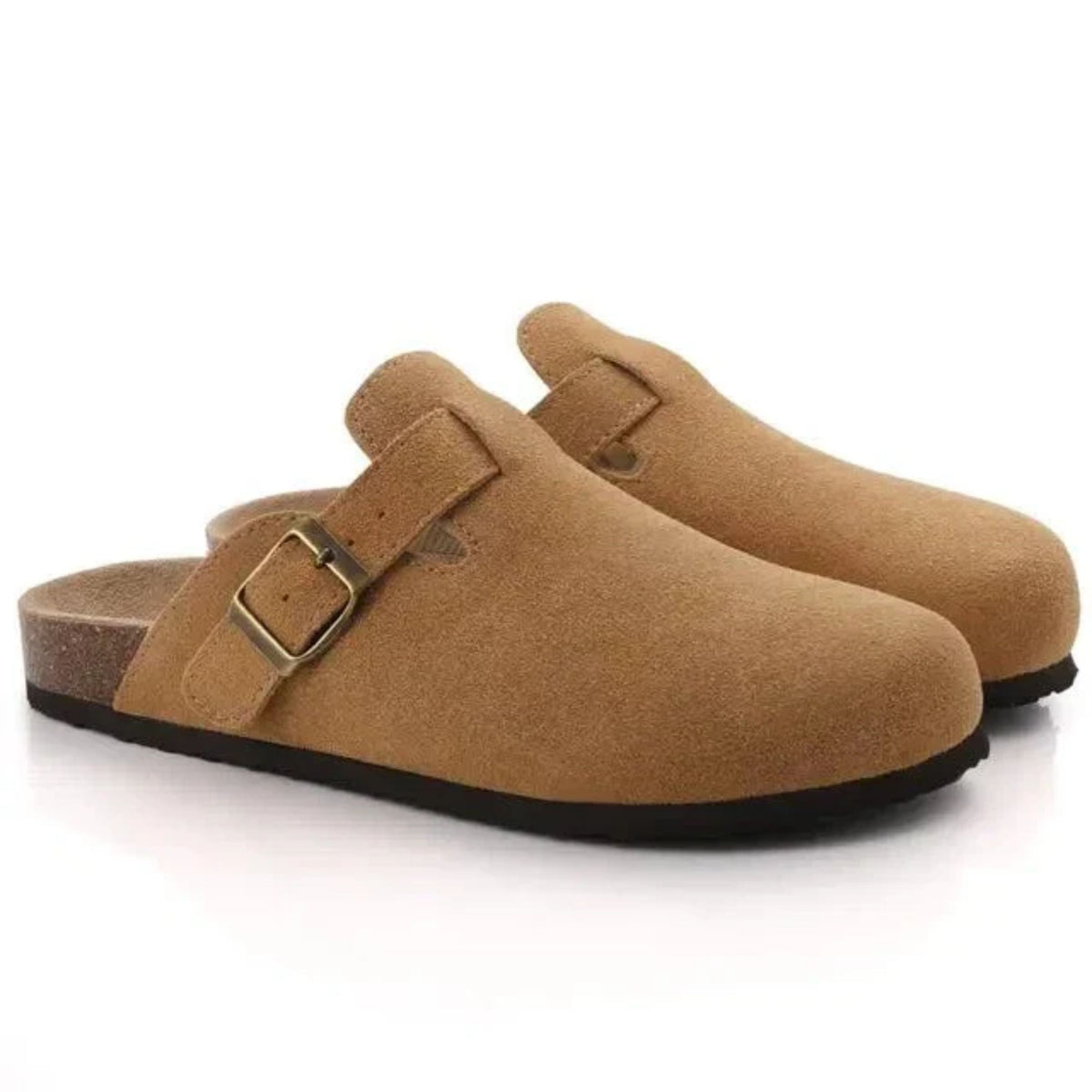 Men's suede slip-on clogs with adjustable buckle detail, casual loafers