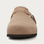 Men's suede slip-on clogs with adjustable buckle detail, casual loafers