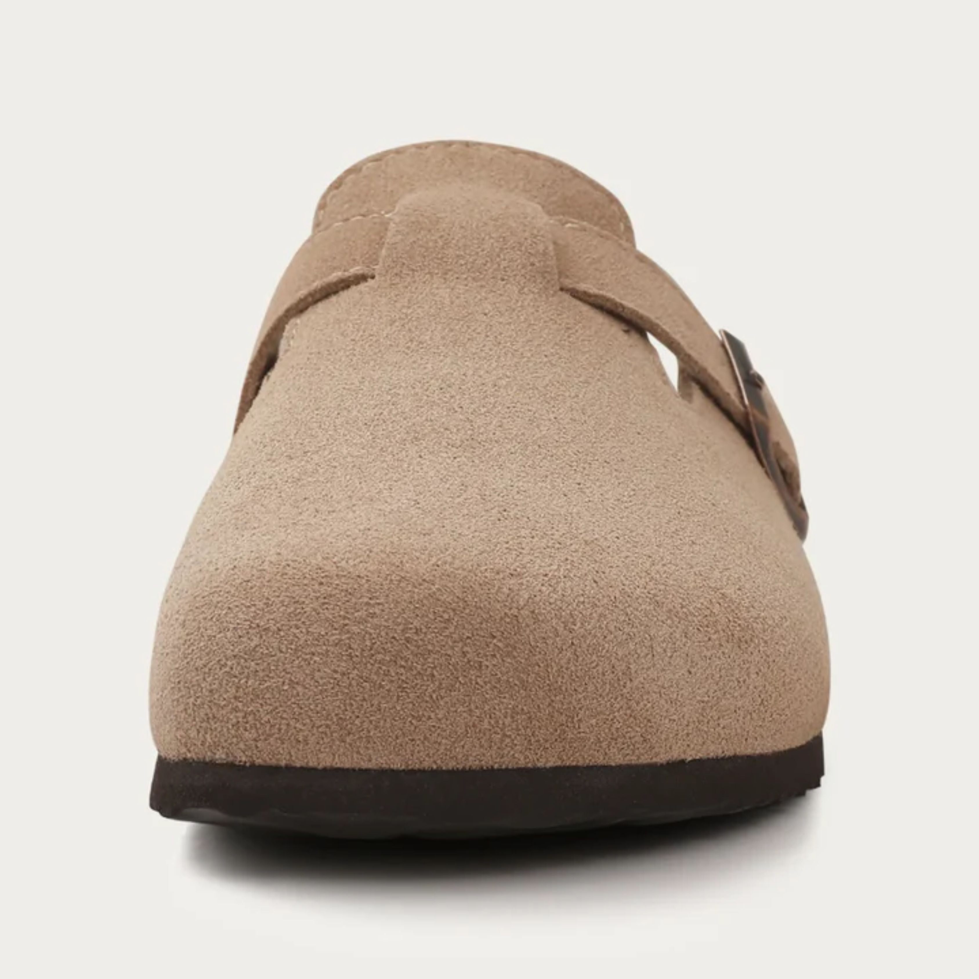 Men's suede slip-on clogs with adjustable buckle detail, casual loafers