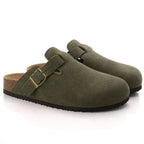 Men's suede slip-on clogs with adjustable buckle detail, casual loafers