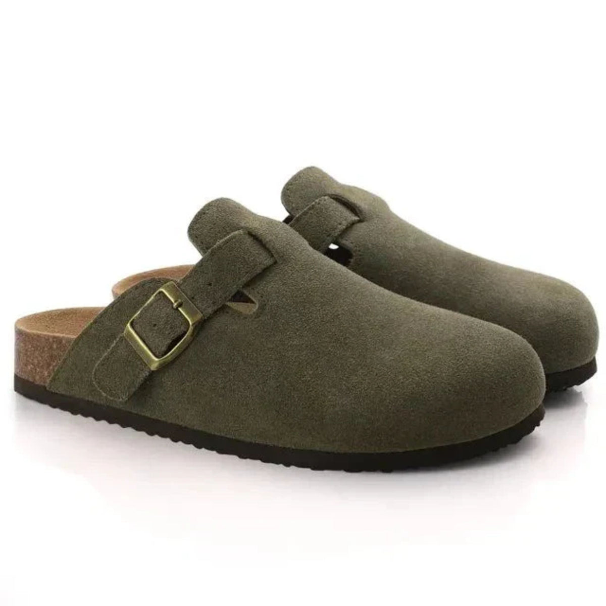 Men's suede slip-on clogs with adjustable buckle detail, casual loafers