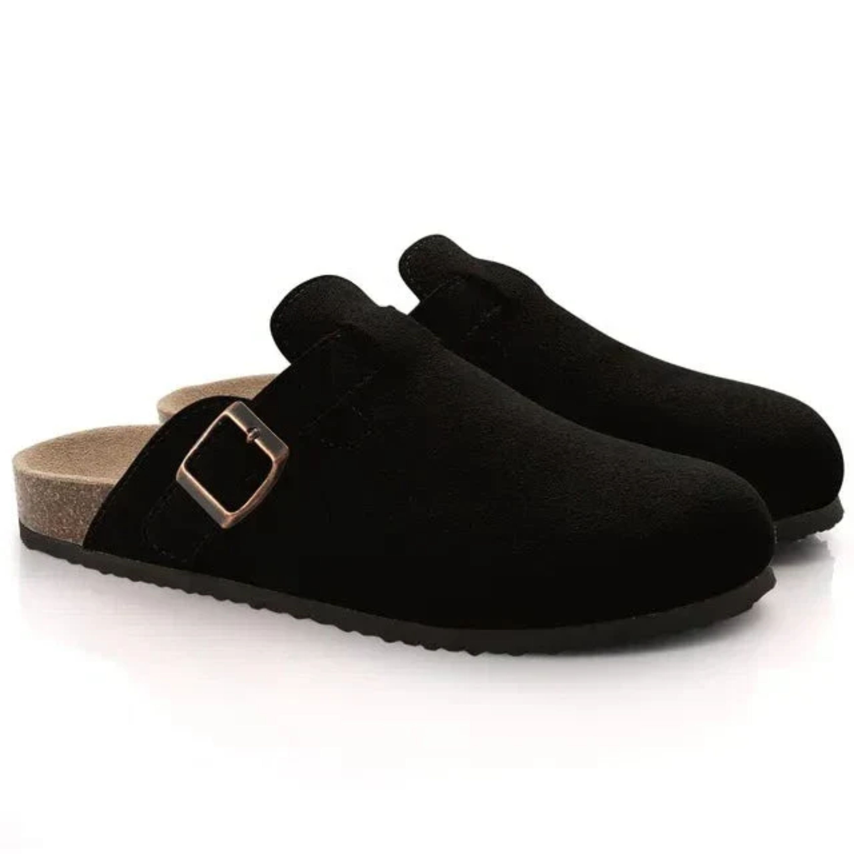 Men's suede slip-on clogs with adjustable buckle detail, casual loafers