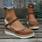 Women's closed-toe espadrille wedge sandals with adjustable slingback buckle strap