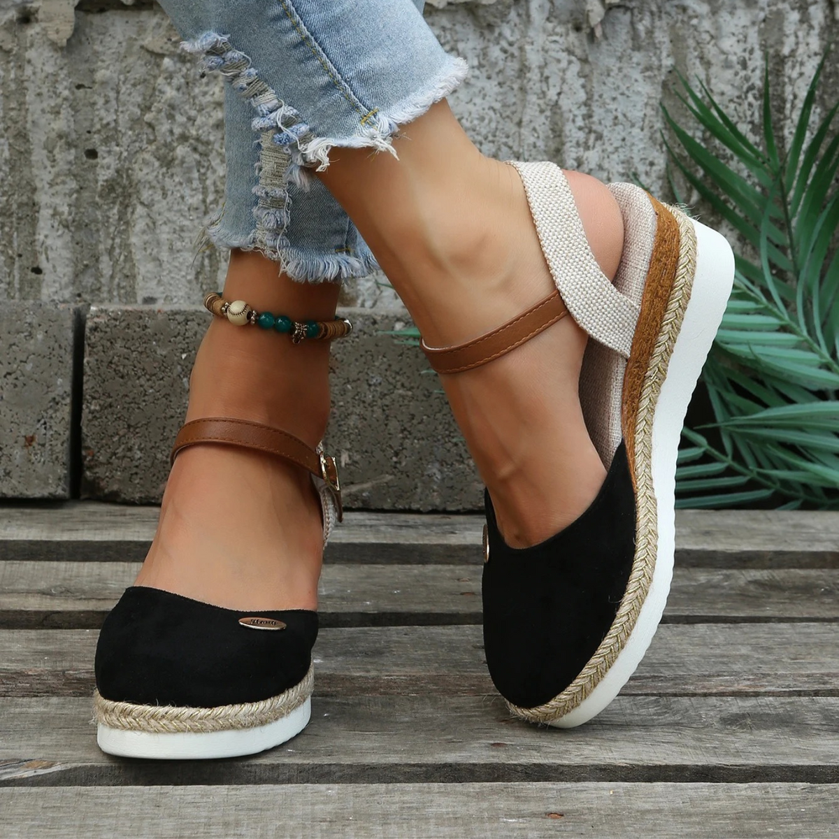 Women's closed-toe espadrille wedge sandals with adjustable slingback buckle strap