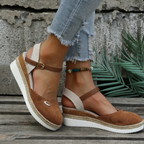 Women's closed-toe espadrille wedge sandals with adjustable slingback buckle strap