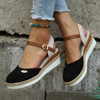 Women's closed-toe espadrille wedge sandals with adjustable slingback buckle strap