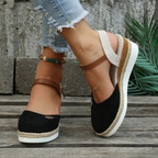 Women's closed-toe espadrille wedge sandals with adjustable slingback buckle strap