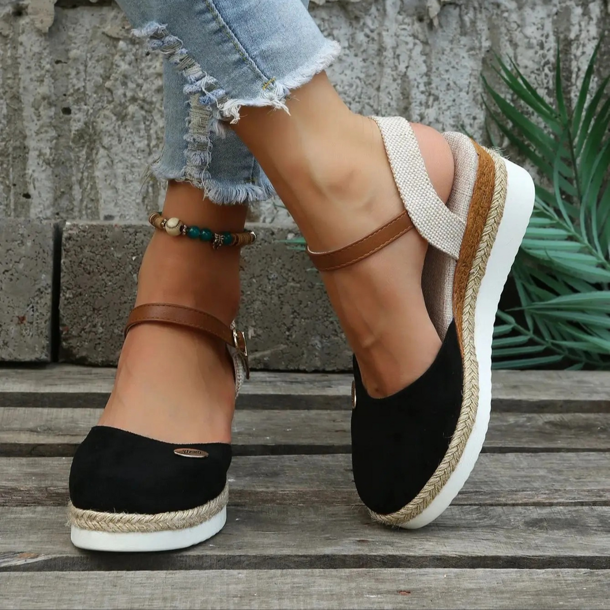 Women's closed-toe espadrille wedge sandals with adjustable slingback buckle strap
