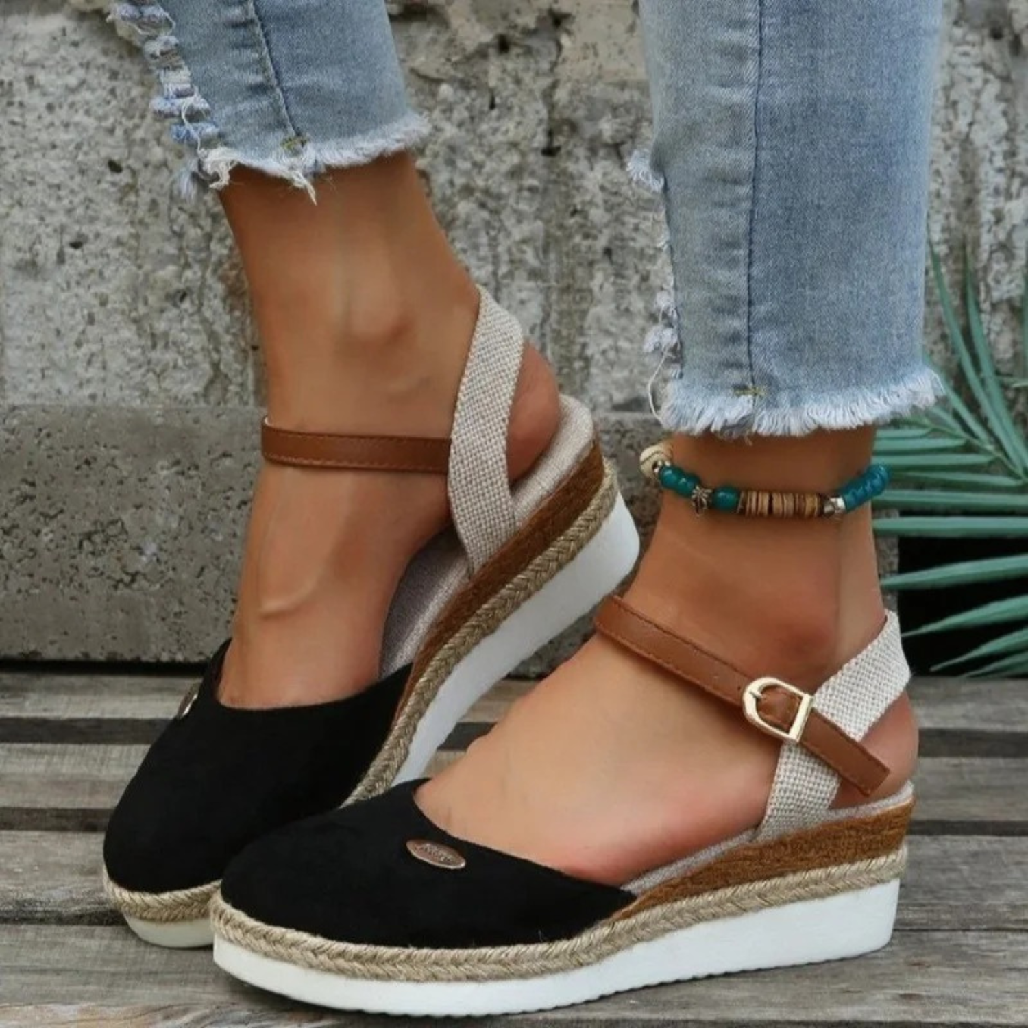 Women's closed-toe espadrille wedge sandals with adjustable slingback buckle strap