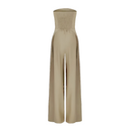 Women's strapless jumpsuit with fitted bodice and flowy wide legs, available in navy, black and beige