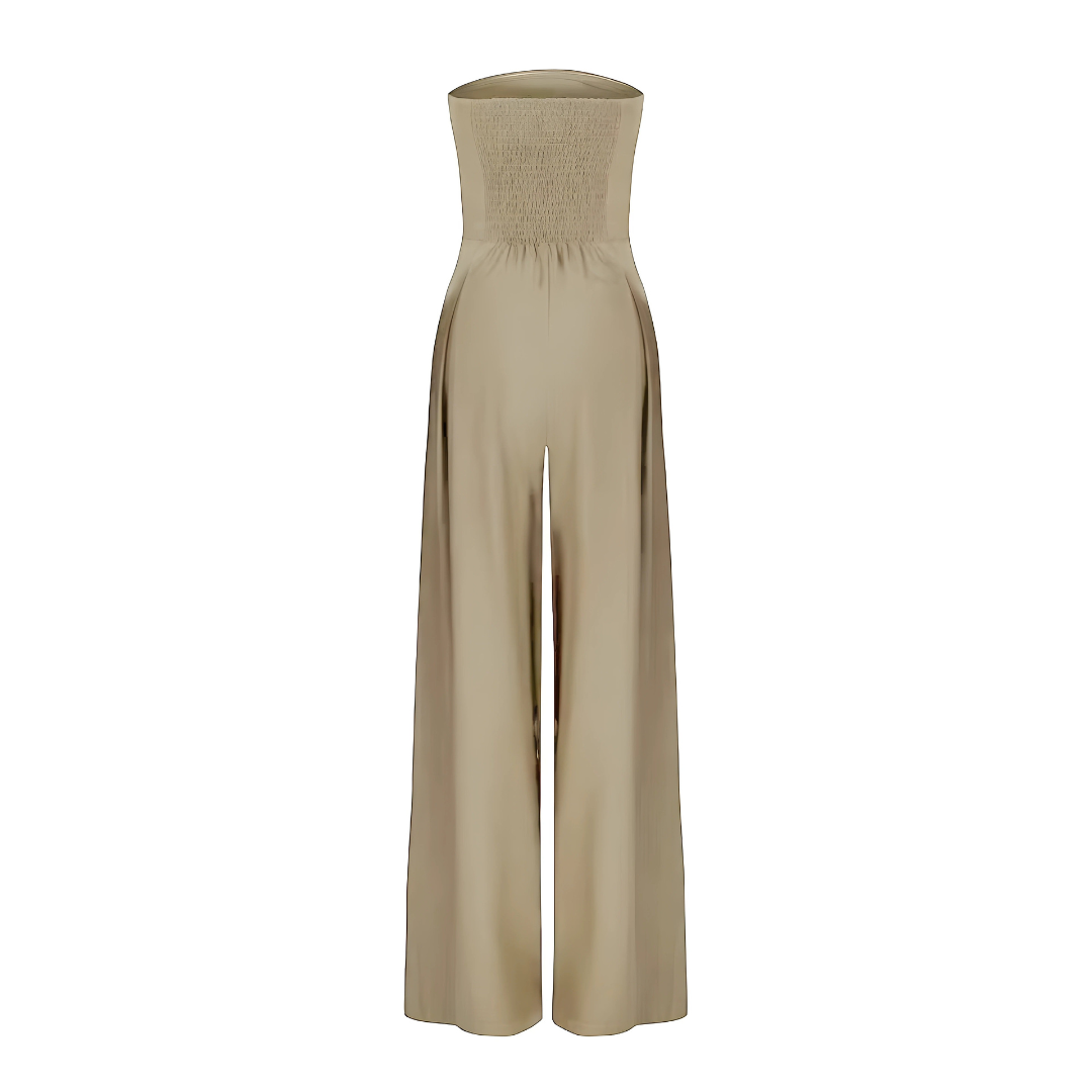 Women's strapless jumpsuit with fitted bodice and flowy wide legs, available in navy, black and beige