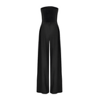 Women's strapless jumpsuit with fitted bodice and flowy wide legs, available in navy, black and beige