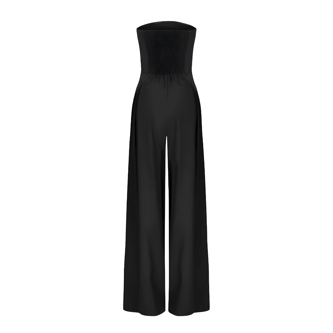 Women's strapless jumpsuit with fitted bodice and flowy wide legs, available in navy, black and beige