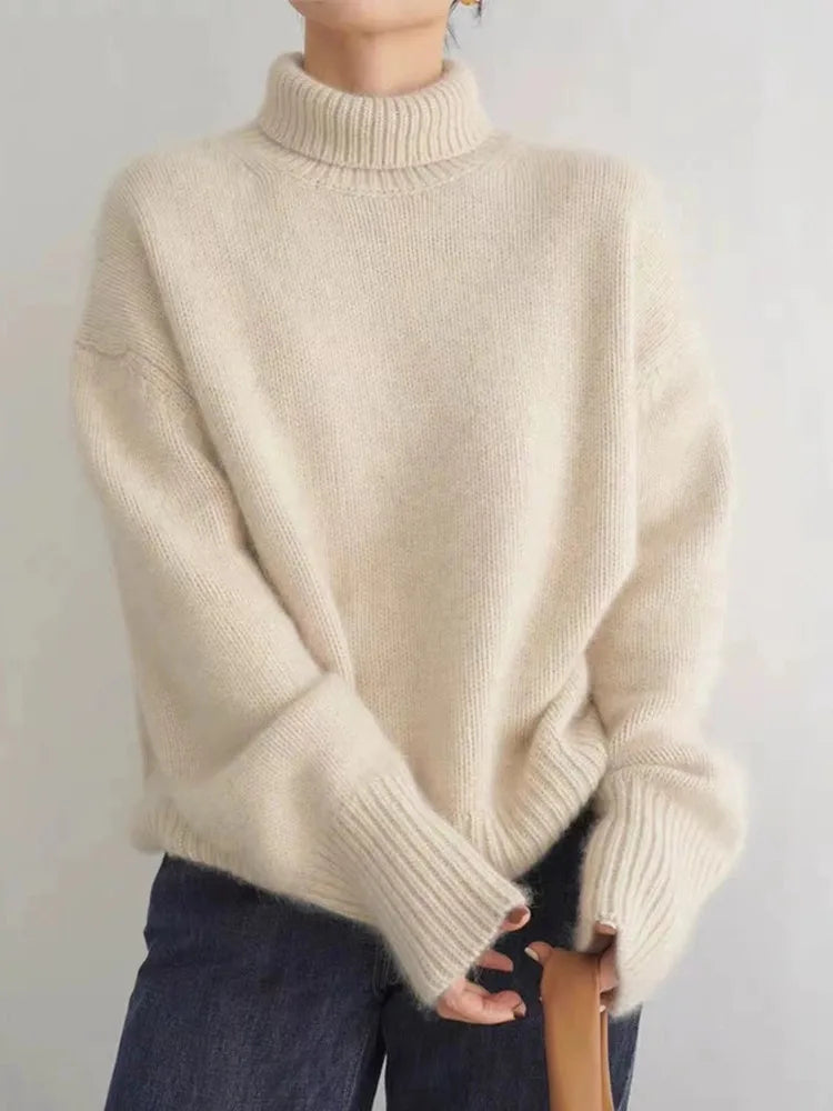Women turtleneck sweater relaxed fit in beige knit
