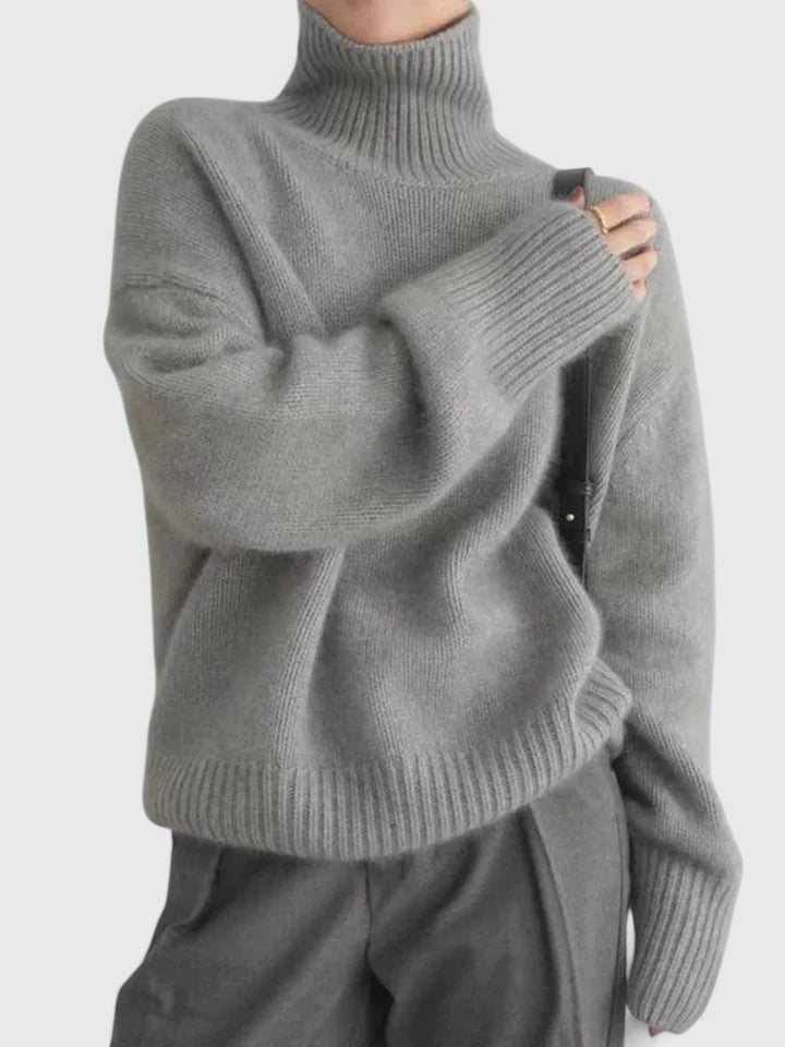 Women high collar sweater in neutral tones, slim silhouette turtleneck knitwear