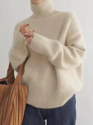 Women turtleneck sweater relaxed fit in beige knit