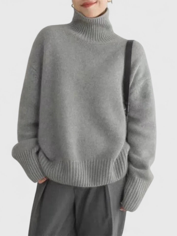 Women high collar sweater in neutral tones, slim silhouette turtleneck knitwear