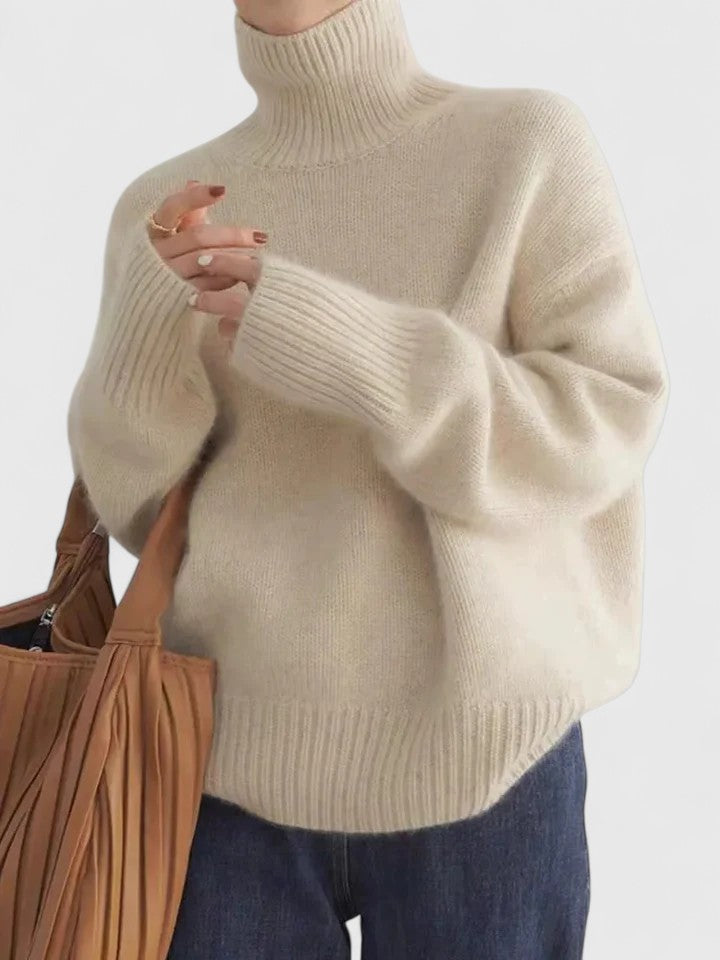 Women high collar sweater in neutral tones, slim silhouette turtleneck knitwear